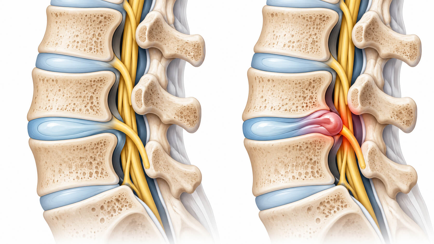 Illustration of a healthy lumbar disc next to a herniated disc pressing on a nerve
