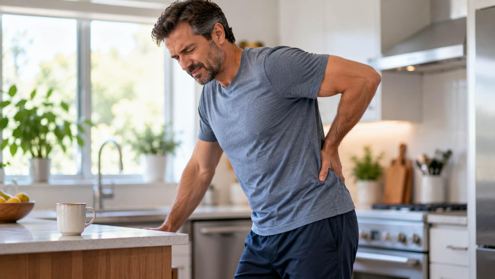 Man holding his lower back in pain at home