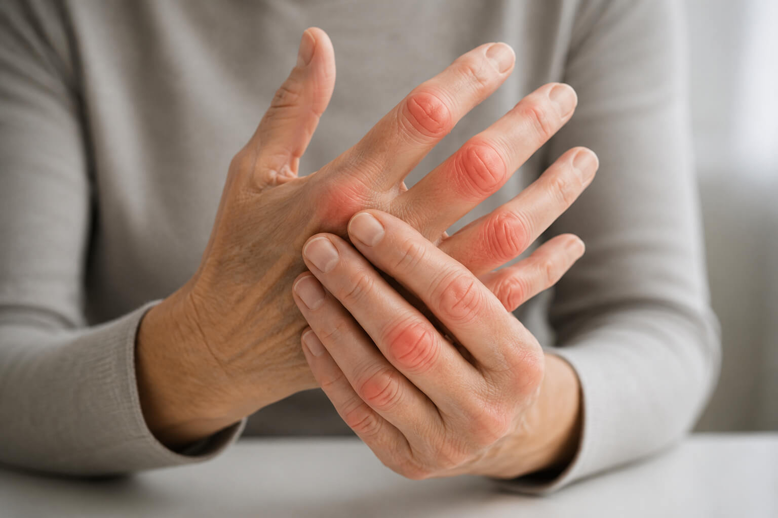 Early rheumatoid arthritis symptoms in the hands — swelling at the knuckle joints