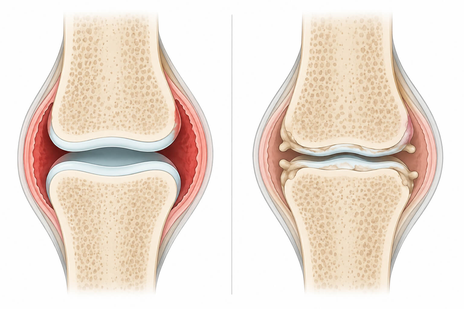 How rheumatoid arthritis inflames the joint lining versus how osteoarthritis wears down cartilage