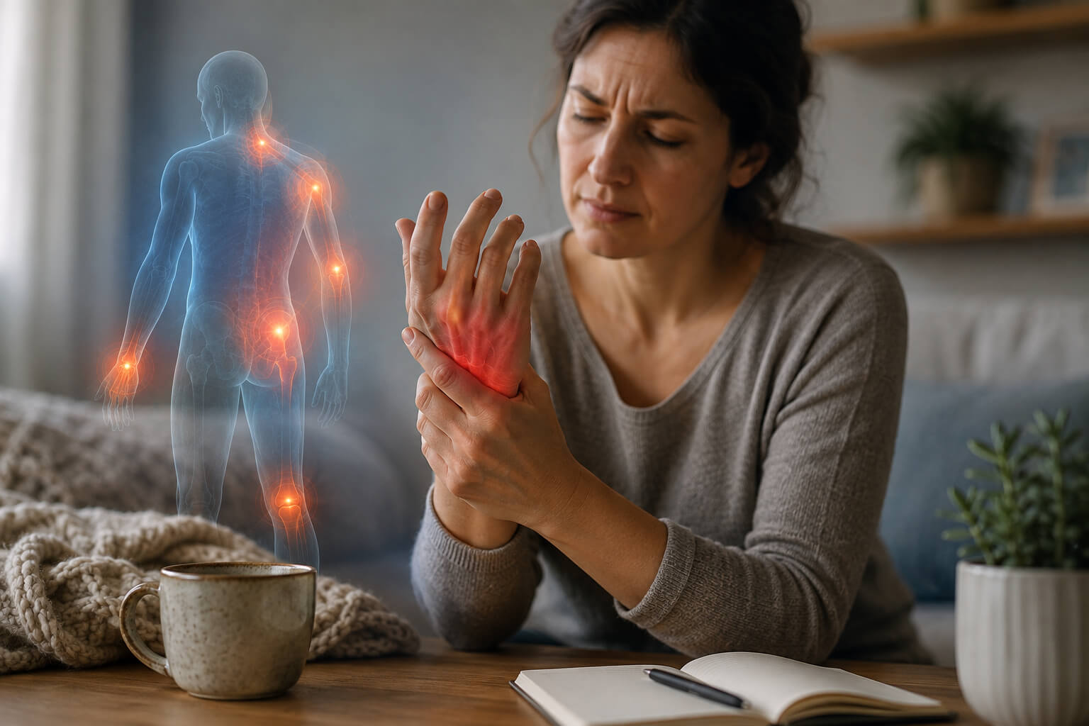 Woman experiencing wrist and joint pain during a rheumatoid arthritis flare