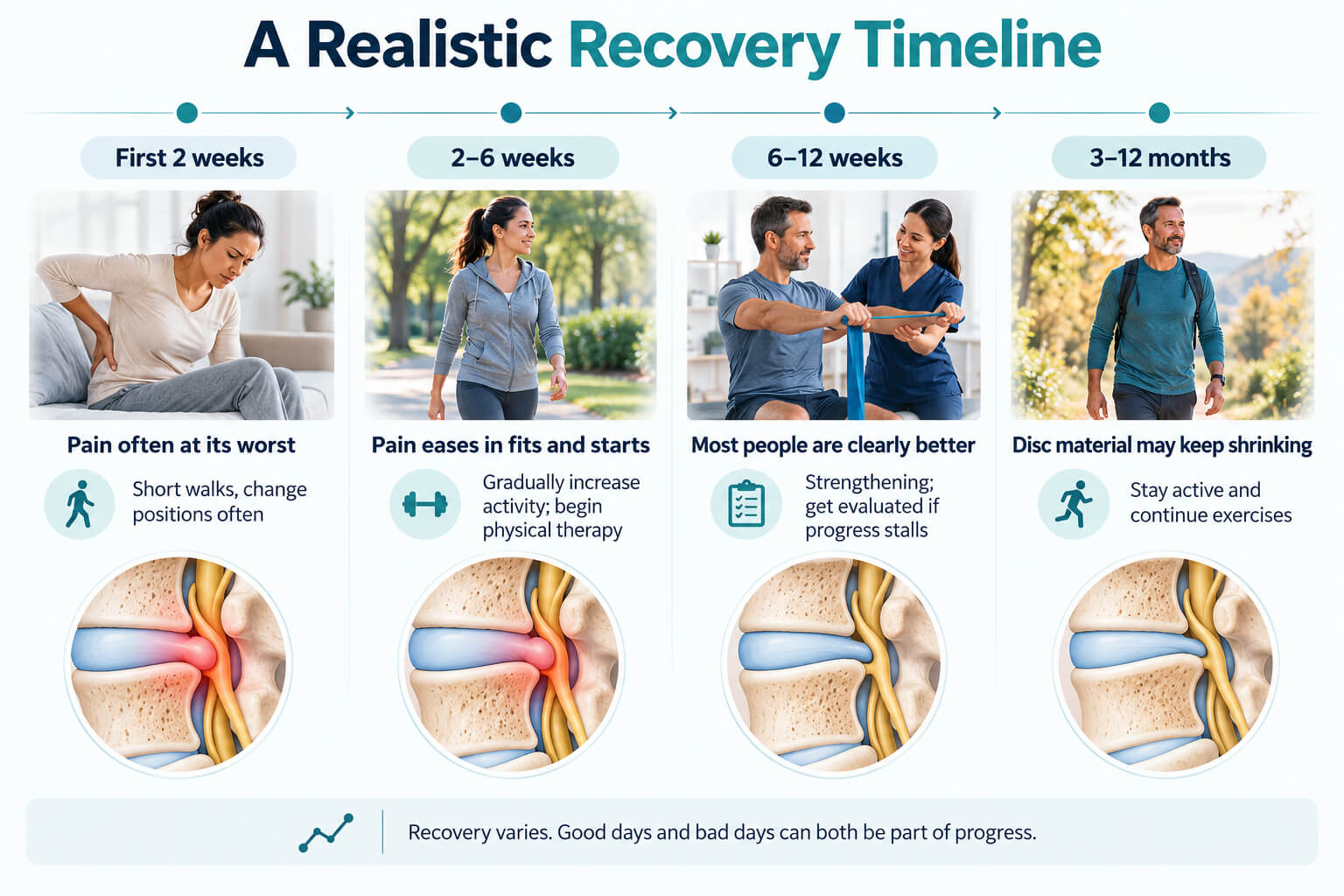 Infographic showing the herniated disc recovery timeline from the first two weeks to 12 months, including pain changes, physical therapy, and gradual improvement
