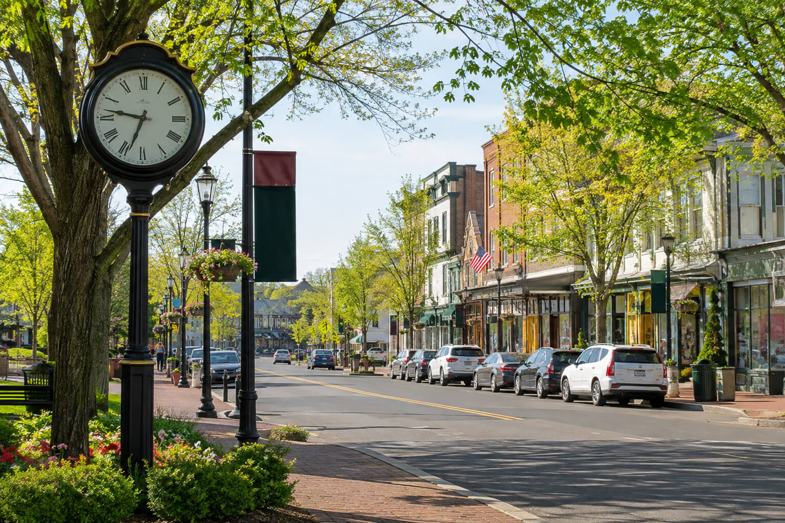 Historic downtown street in Haddonfield, New Jersey, with tree-lined sidewalks, local shops, and a welcoming community atmosphere.
