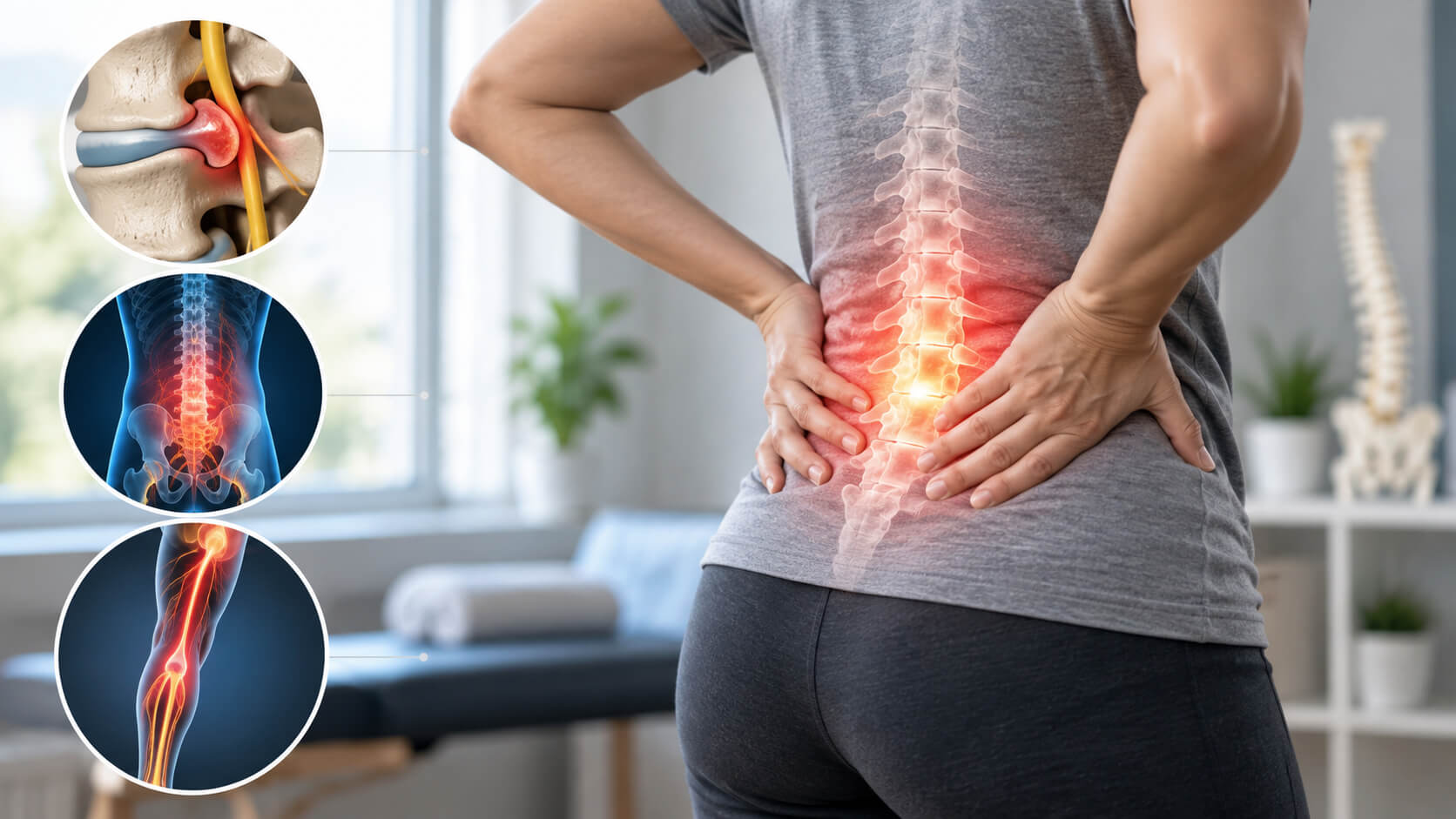 Man holding his lower back while seated, considering whether to see a pain specialist