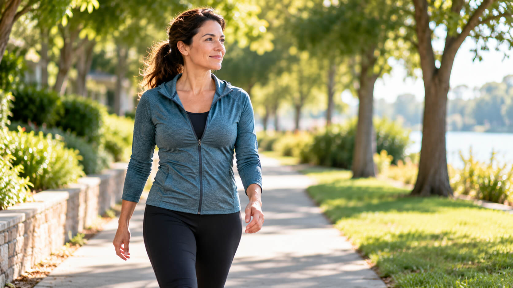 Woman walking outdoors while recovering from a herniated disc