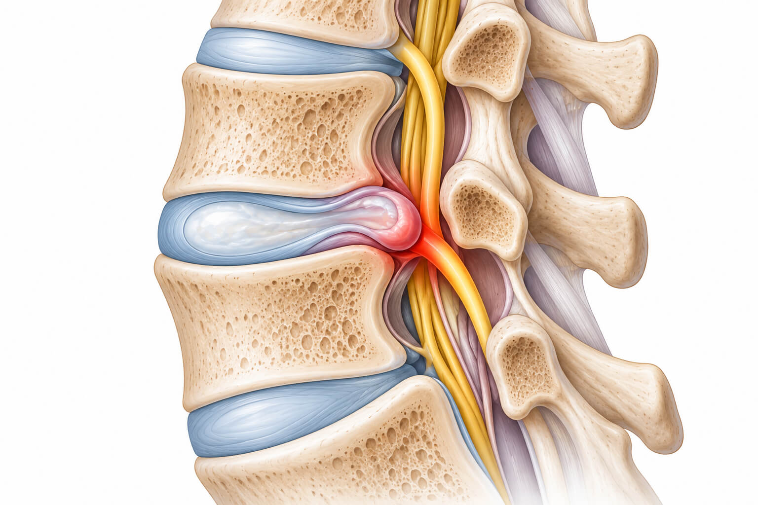 Illustration of a herniated lumbar disc pressing on an inflamed nerve root