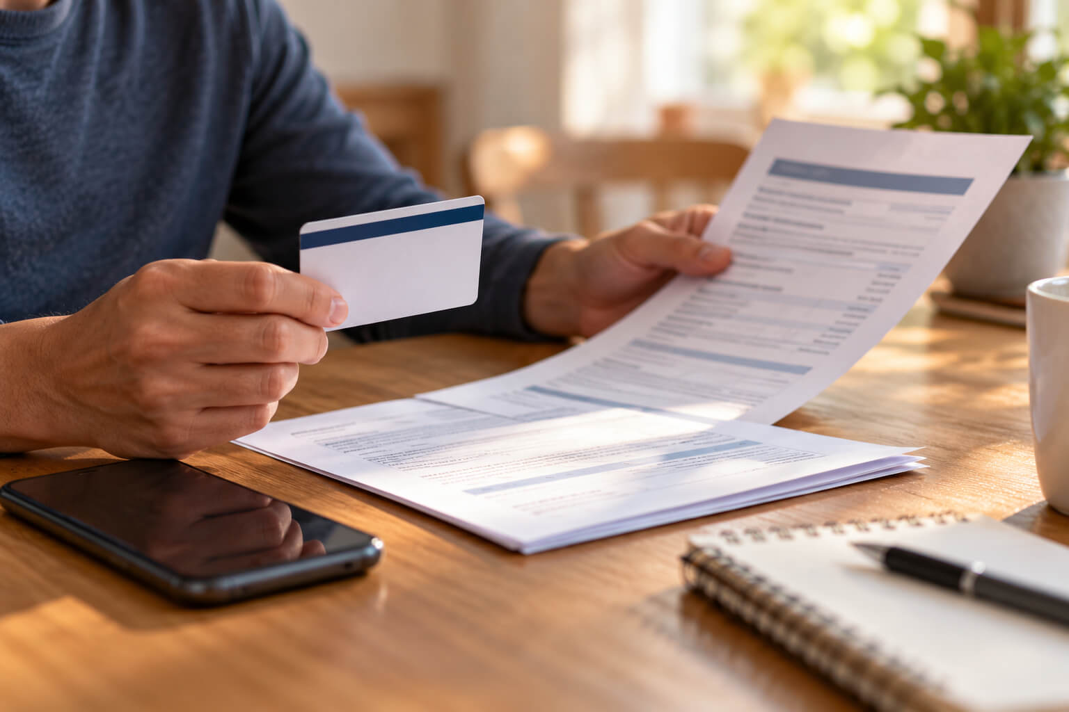 Person reviewing auto insurance card and policy to check PIP medical coverage