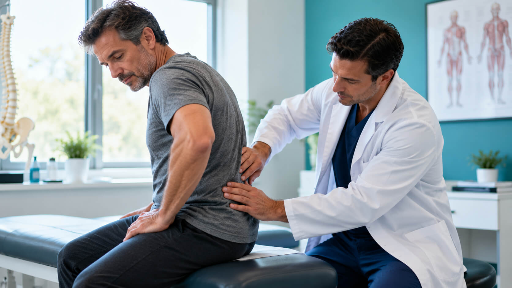Pain specialist checking leg strength during a first appointment physical exam