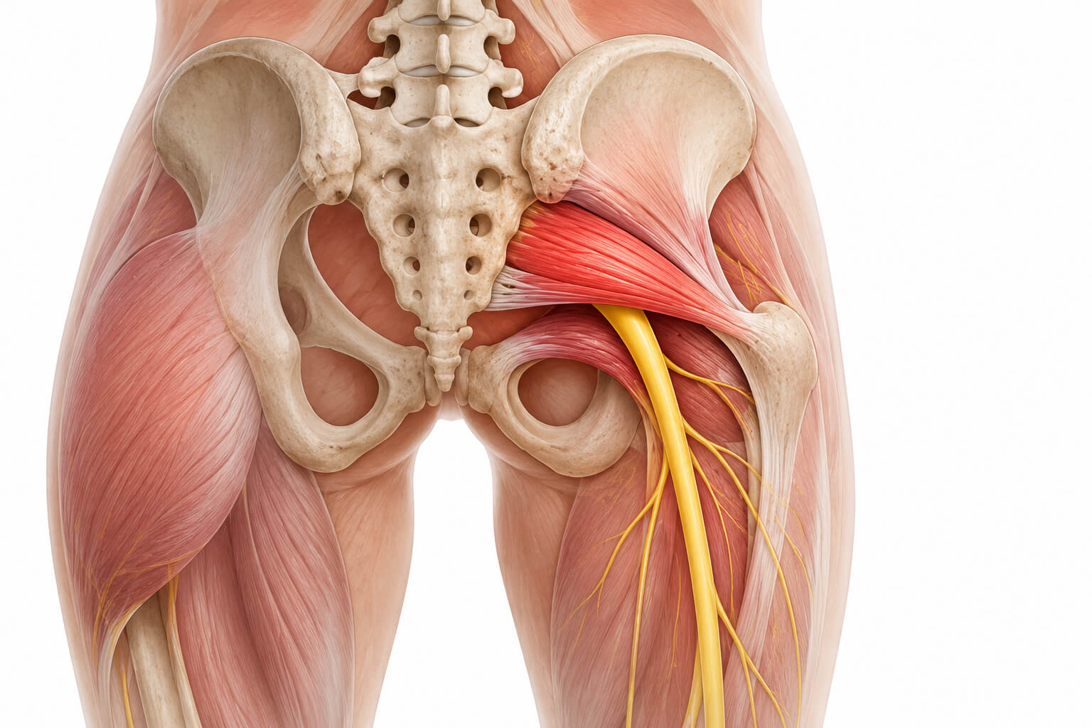Illustration of the piriformis muscle and the sciatic nerve passing beneath it