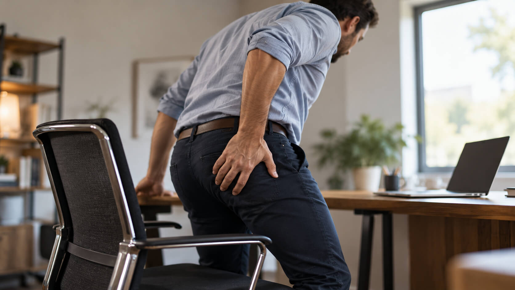 Man standing up from a chair with buttock pain that could be sciatica or piriformis syndrome